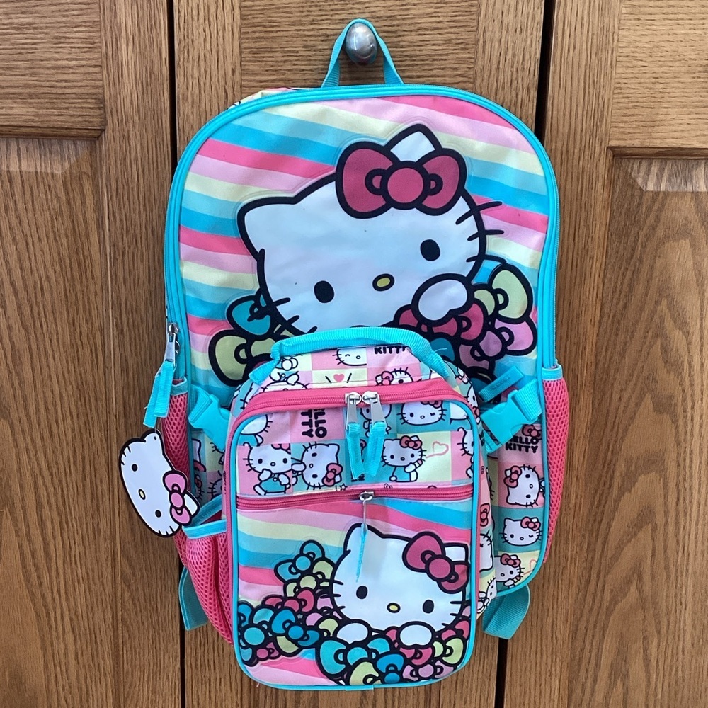 Hello Kitty Rainbow Striped Kids Backpack with lunch tote Pink and Blue. NWT